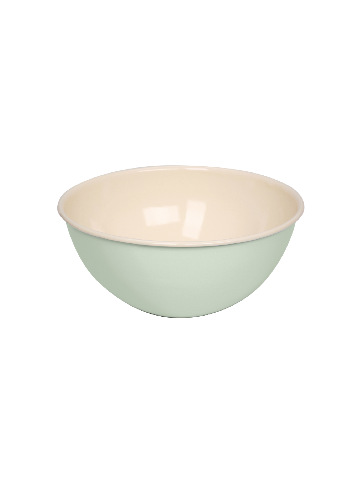 Side view of the Riess 22cm porcelain enamel fruit and salad bowl in a soft light green, showcasing its classic, industrial chic silhouette.