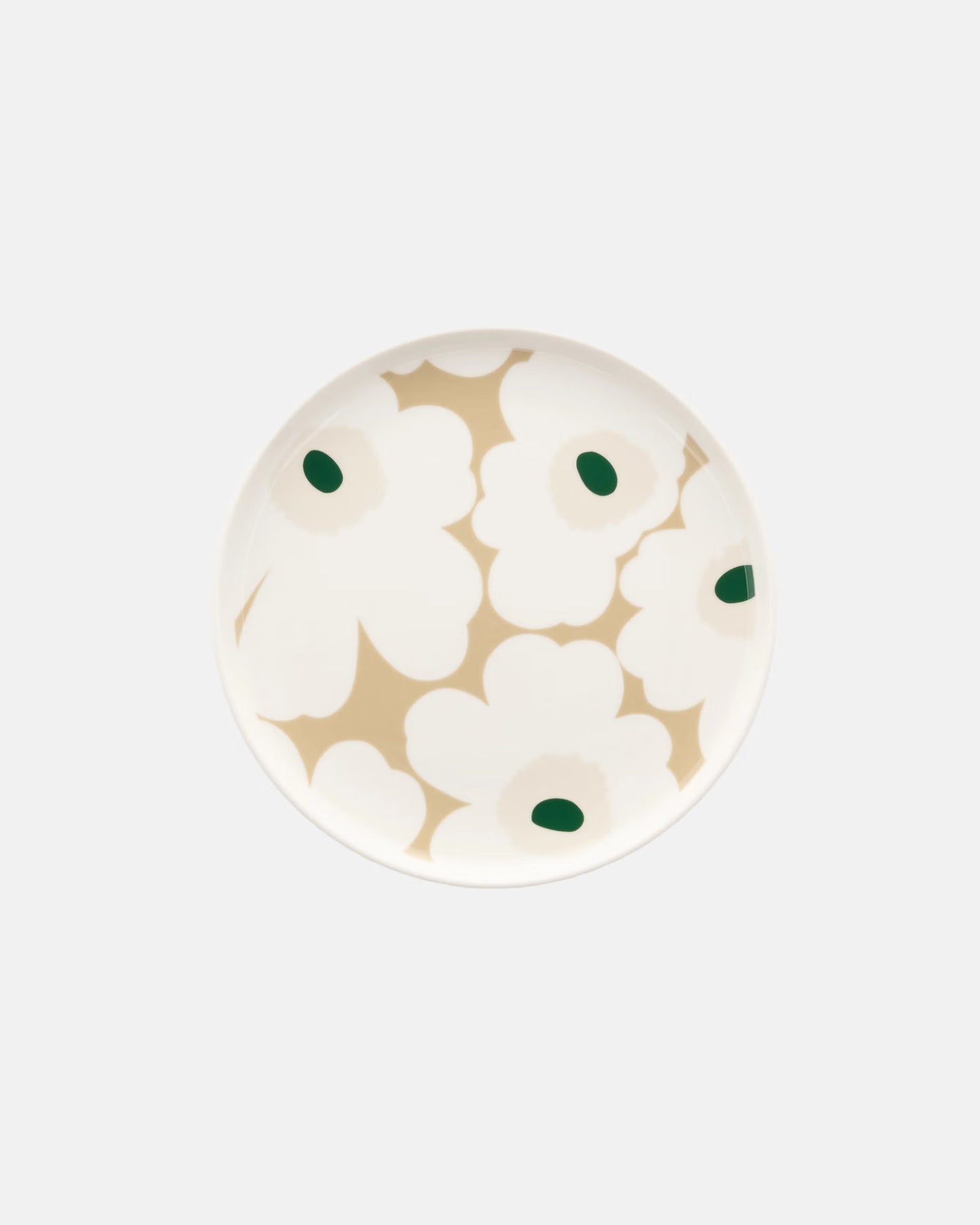 Overhead view of the Marimekko Oiva 20cm white stoneware plate featuring the iconic Unikko poppy print in dark green, beige, and light sand.