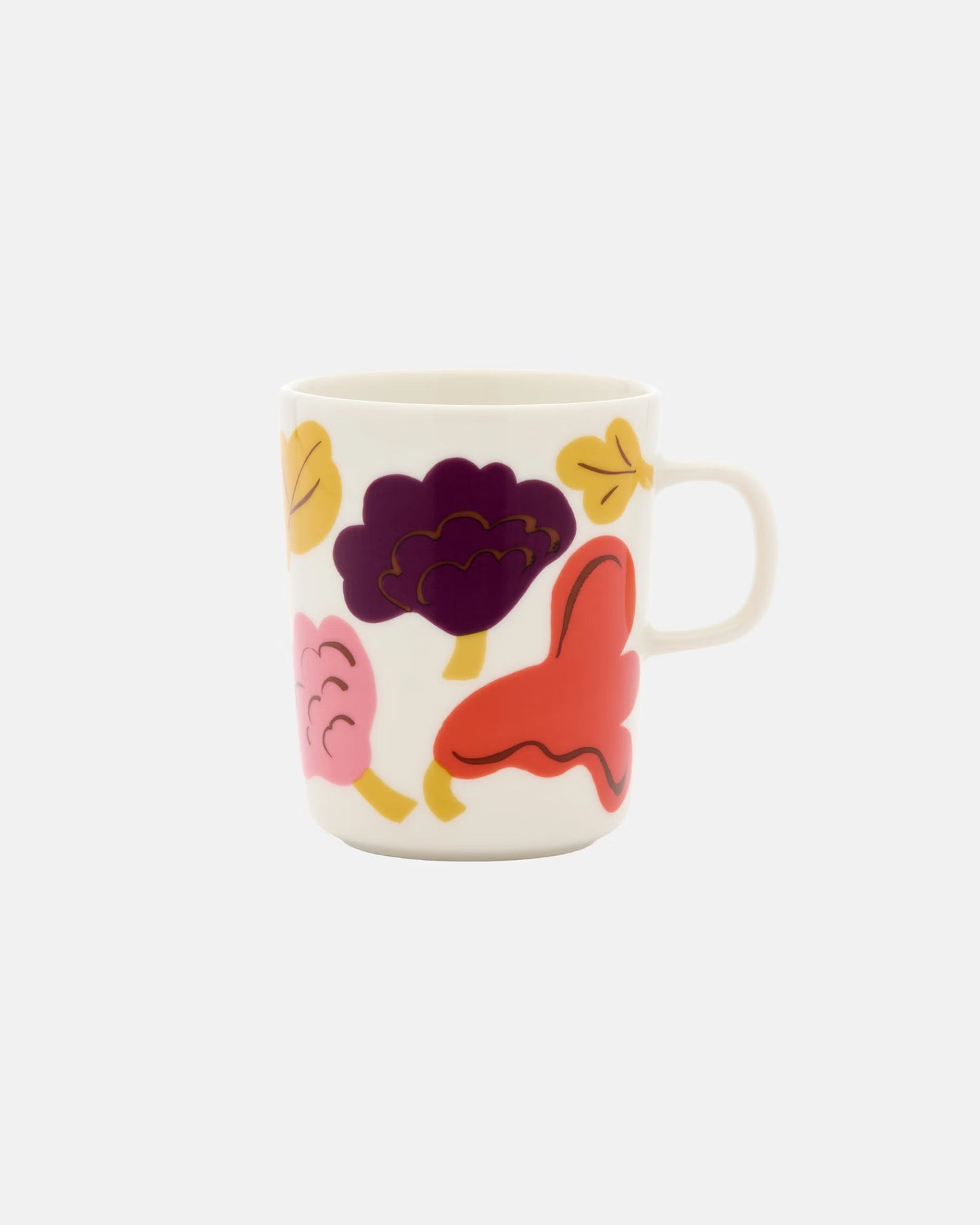 Side-angle view of the Marimekko Oiva 250ml white stoneware mug featuring the Kukasta Kukkaan abstract floral and leaf pattern in pink, terracotta, and plum.