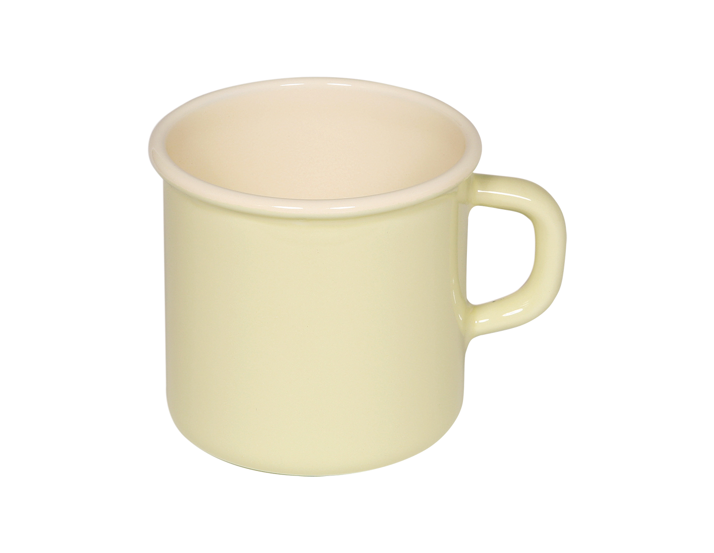 Side-angle view of the Riess 375ml porcelain enamel mug in a vibrant lemon yellow, showcasing its classic, industrial chic silhouette.