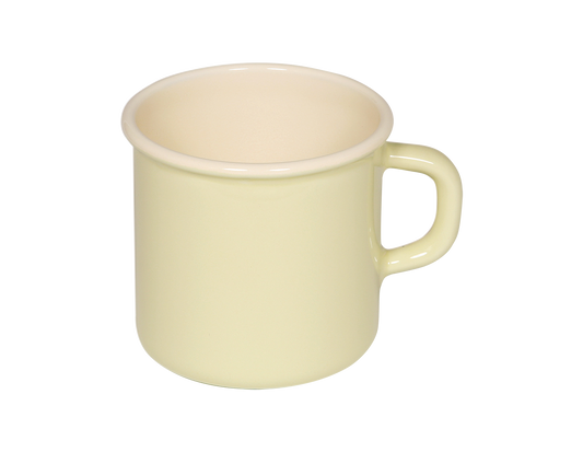 Side-angle view of the Riess 375ml porcelain enamel mug in a vibrant lemon yellow, showcasing its classic, industrial chic silhouette.