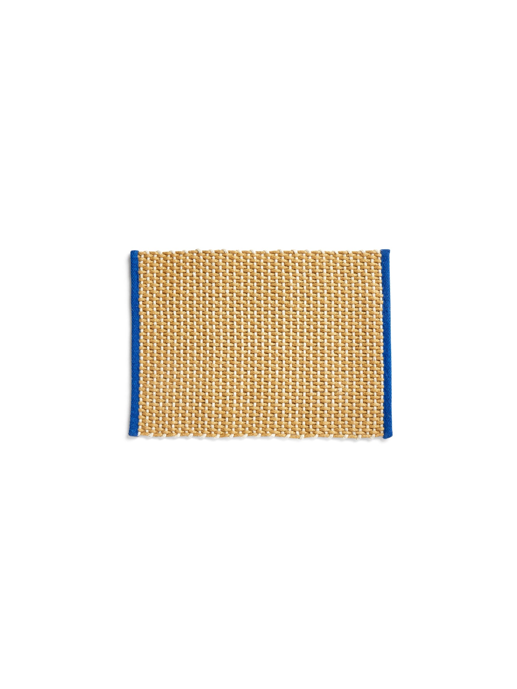 Overhead view of the HAY rectangular door mat in a vibrant yellow, showcasing its textured two-tone jute weave and contrasting wool border trim.