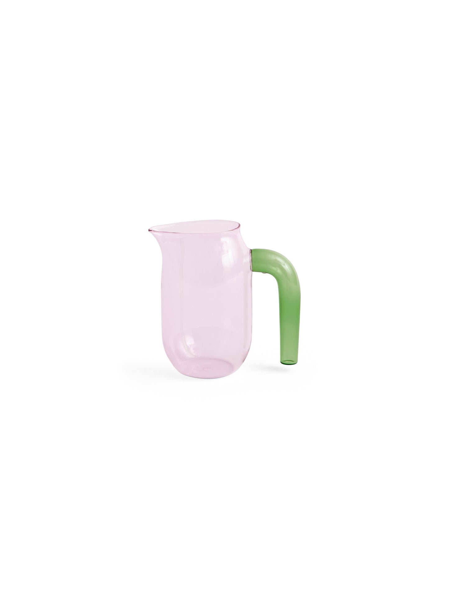 Side-angle view of the small pink HAY borosilicate glass jug designed by Jochen Holz, highlighting its distinctive asymmetrical rim and downward-curved handle.