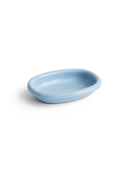 Hay Barro light blue terracotta oval dish on a white background.