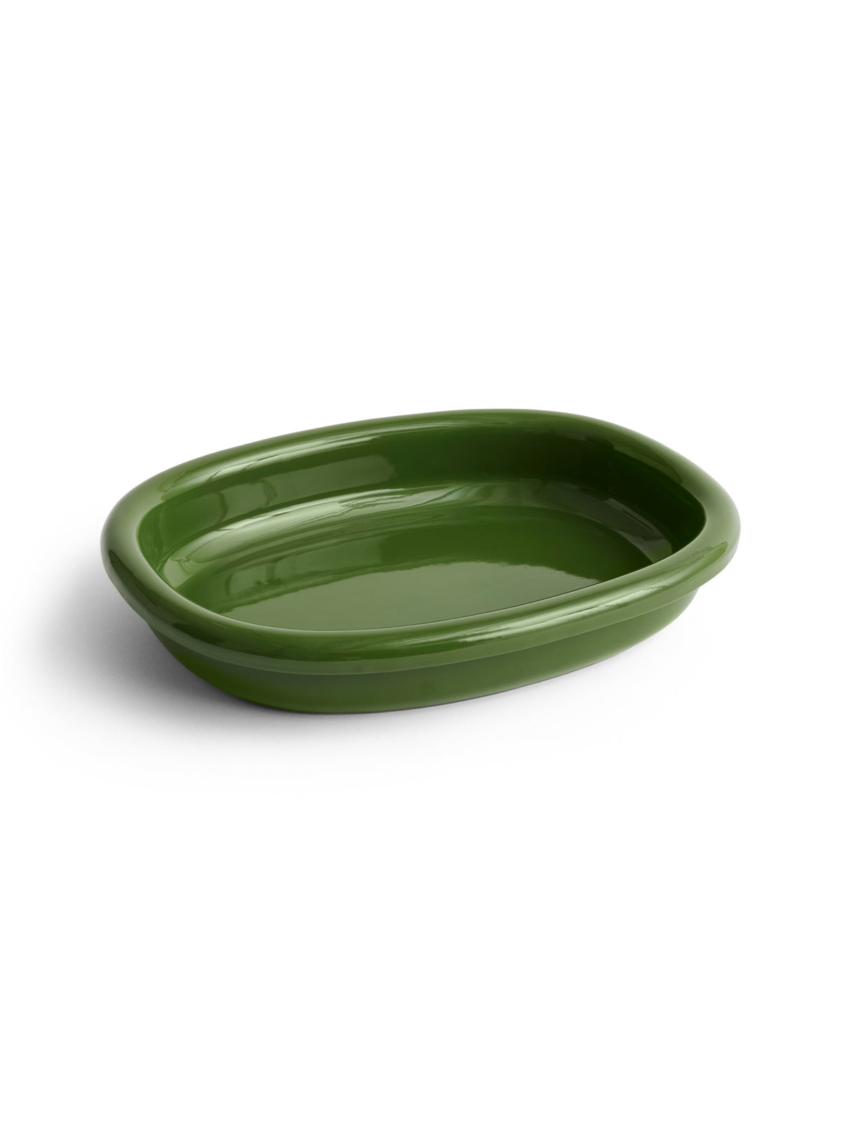 HAY Barro large green terracotta oval bake and serving dish on white background
