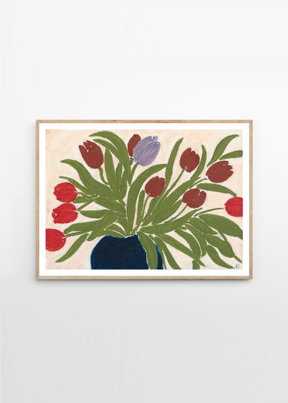 Art print  Tulips in a Blue Vase by Anine Cecilie Iversen in light wooden frame