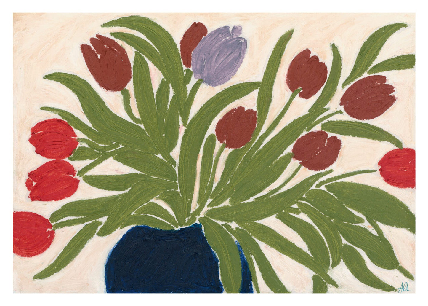 Art print Tulips in a Blue Vase by Anine Cecilie Iversen in light wooden frame