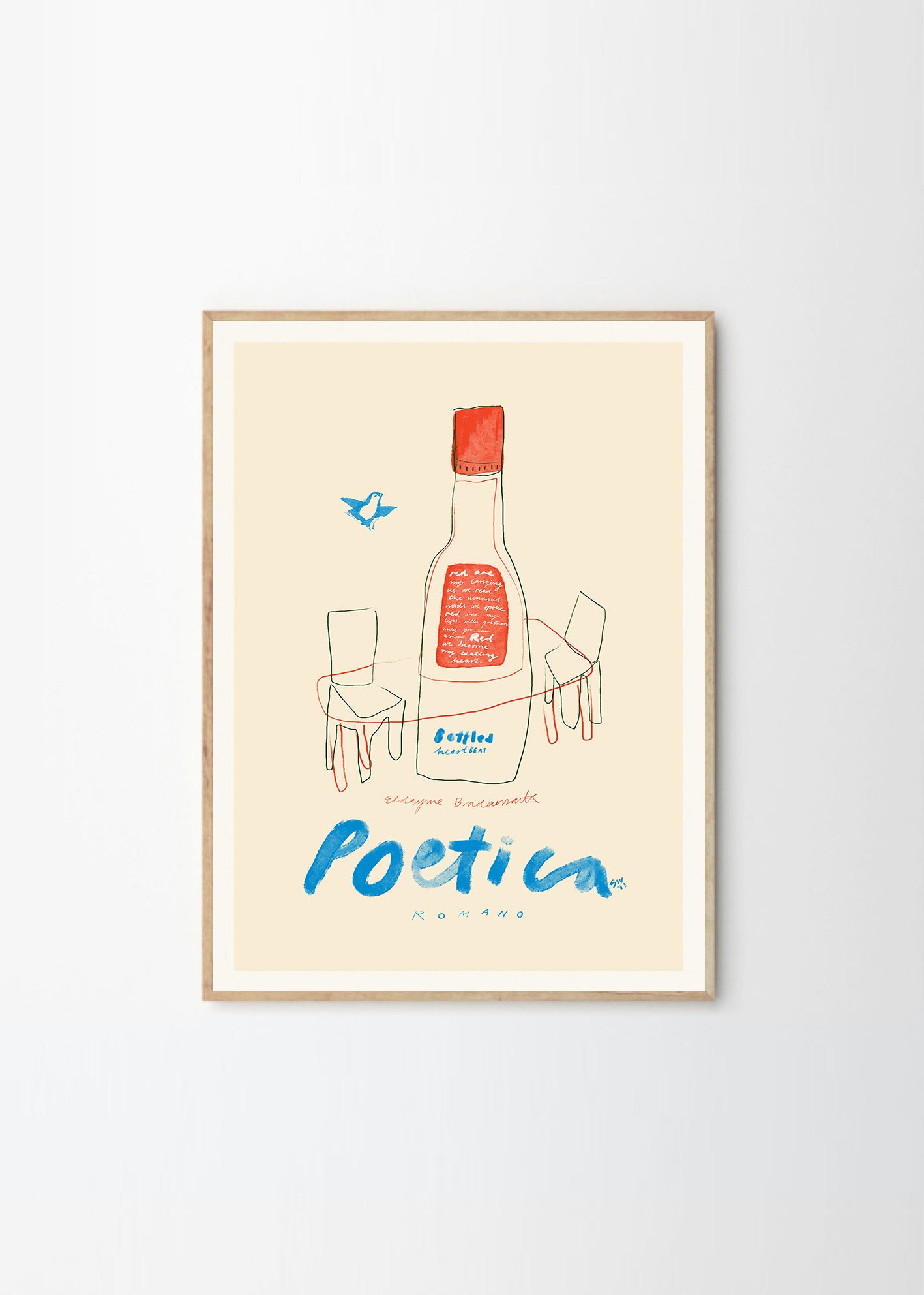 Art print Poetica by Das Rotes Rabbit exclusively created for The Poster Club, in a light wooden frame.