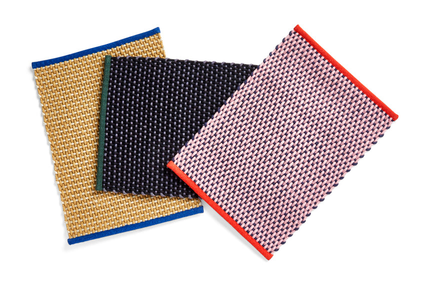 Overview angle of the Hay door mats in 3 colours.