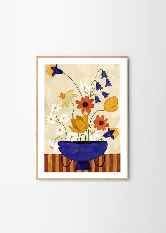 Art print Colourful Bunch in Blue Vase by Frankie Penwill, exclusively created for The Poster Club, in a light wooden frame.