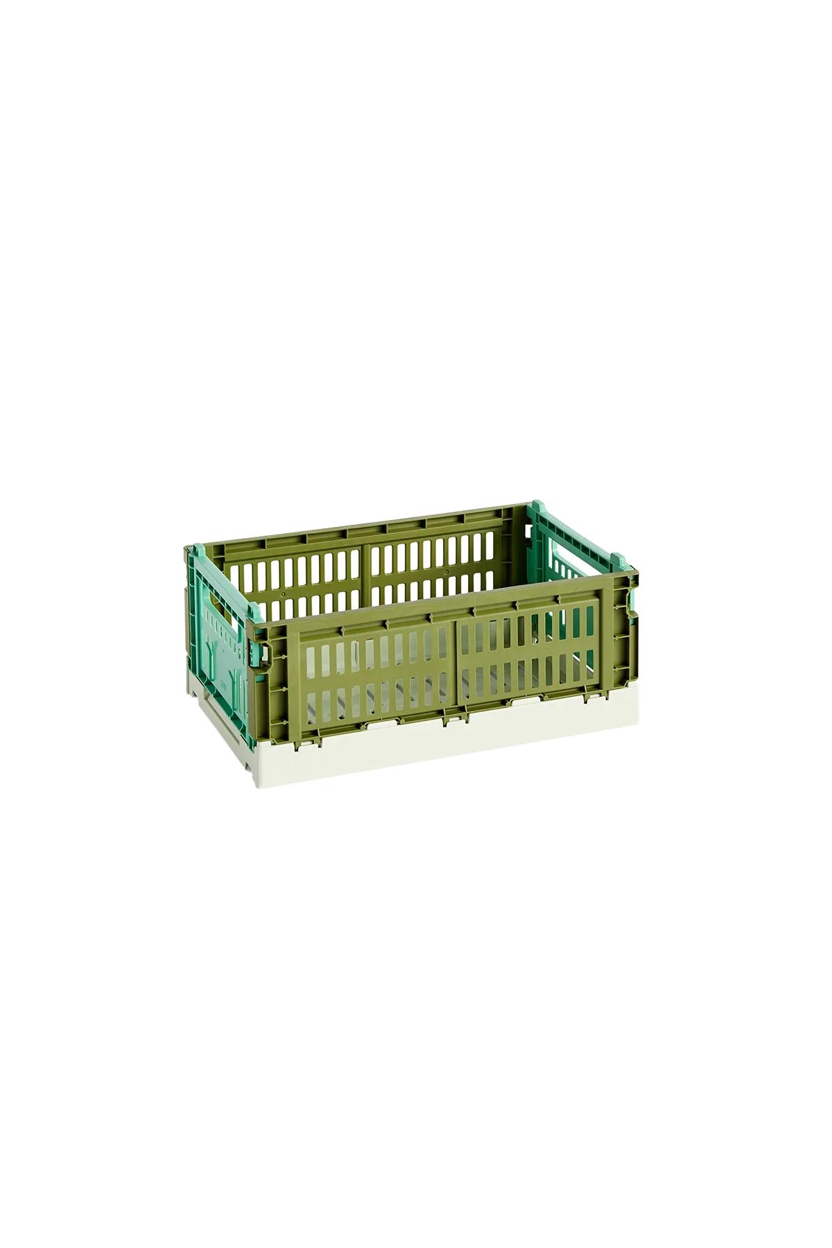 Side-angle view of the small HAY Colour Crate in a two-tone olive and dark mint green, showcasing its stackable, ventilated industrial design made from recycled plastic.