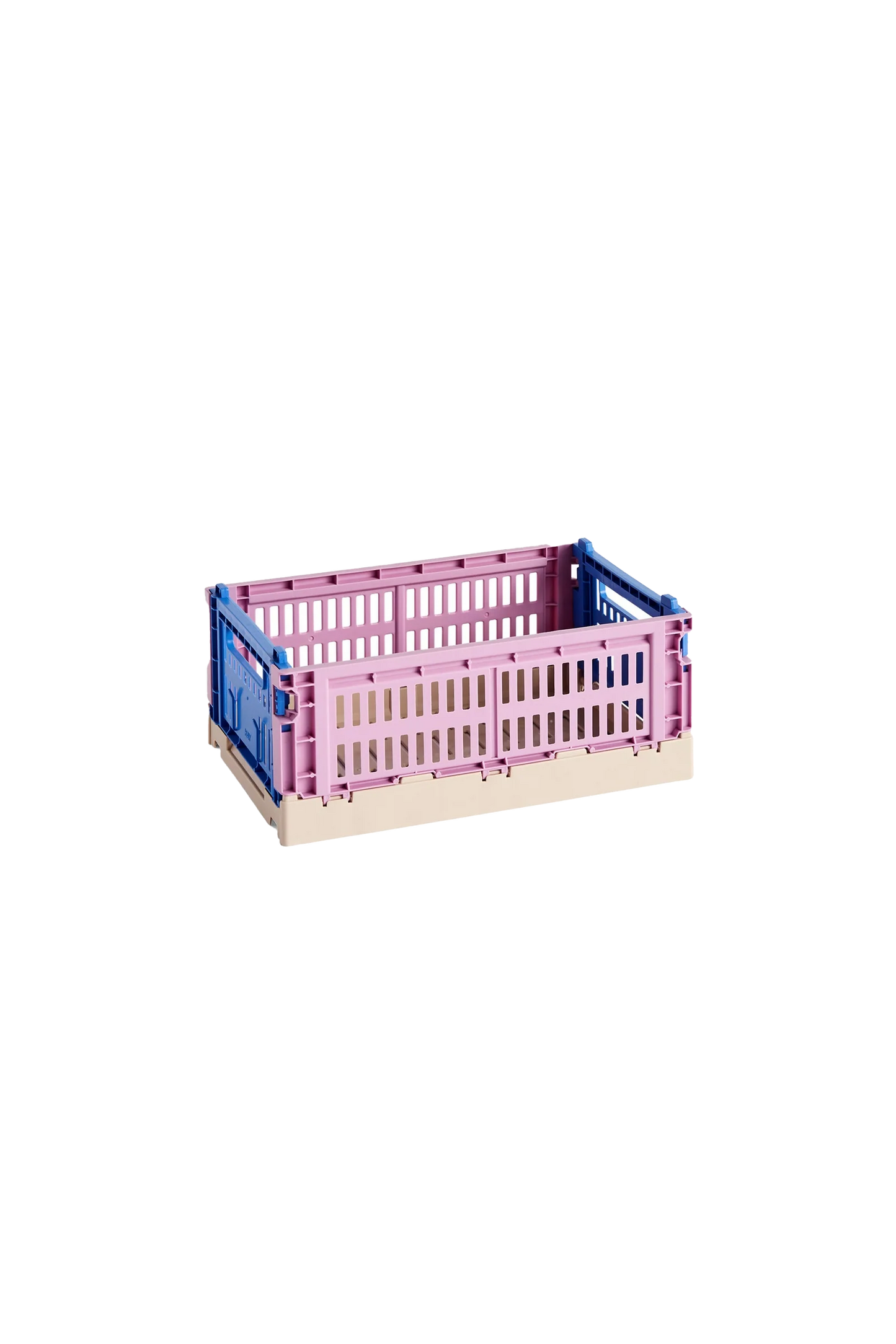 Side-angle view of the small HAY Colour Crate Mix in a beautifully muted dusty rose, showcasing its stackable, ventilated industrial design made from recycled plastic.