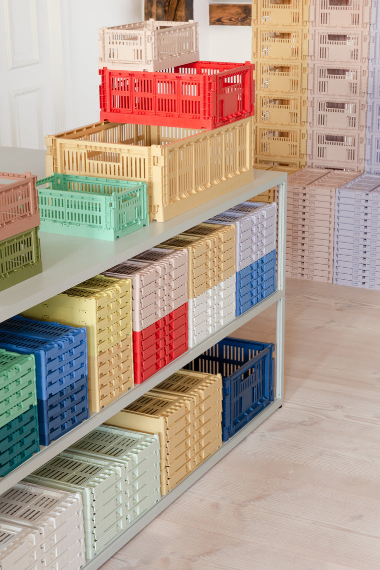 Stacked Hay Colour Crate organisers in different colours and sizes. 