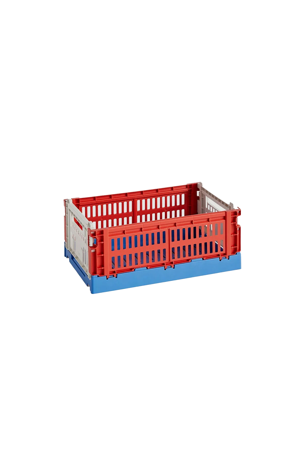 Side-angle view of the small HAY Colour Crate in a vibrant mix red, showcasing its stackable, ventilated industrial design made from recycled plastic.
