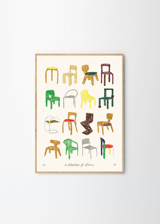 Art print A Collection of Chairs by Isabelle Vandeplassche, exclusively for The Poster Club, in a light wooden frame.