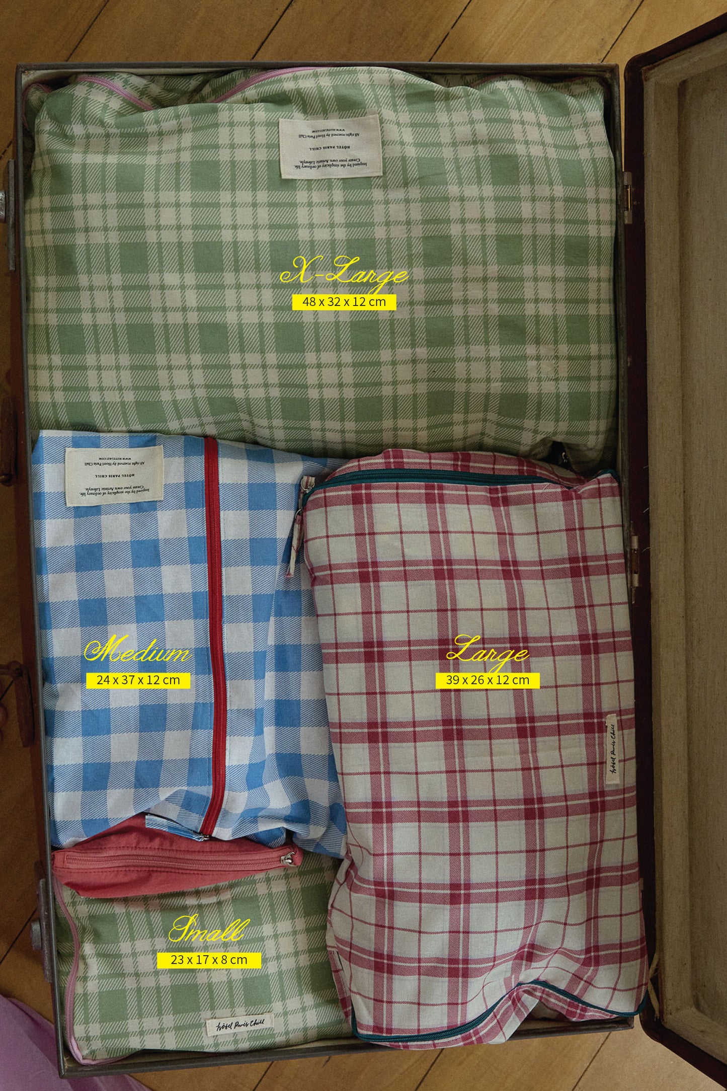 HÔTEL827 cotton travel packing pouch set in Small Medium Large and X-Large sizes