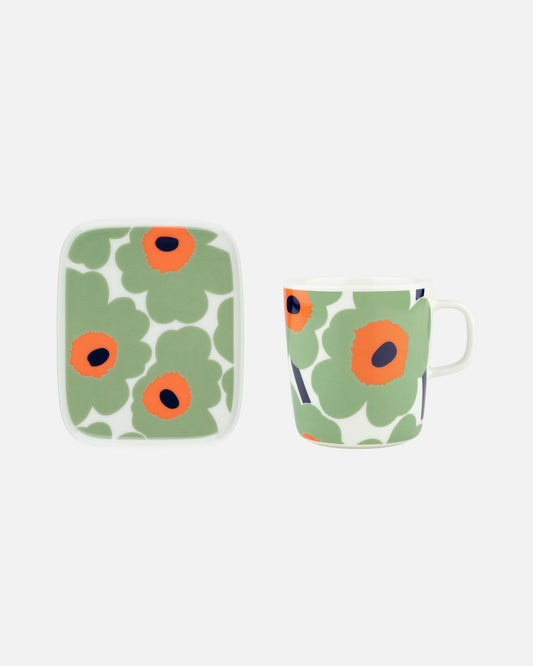 Oiva / Unikko Mug & Plate Set (White, Sage, Orange, Dark Blue)