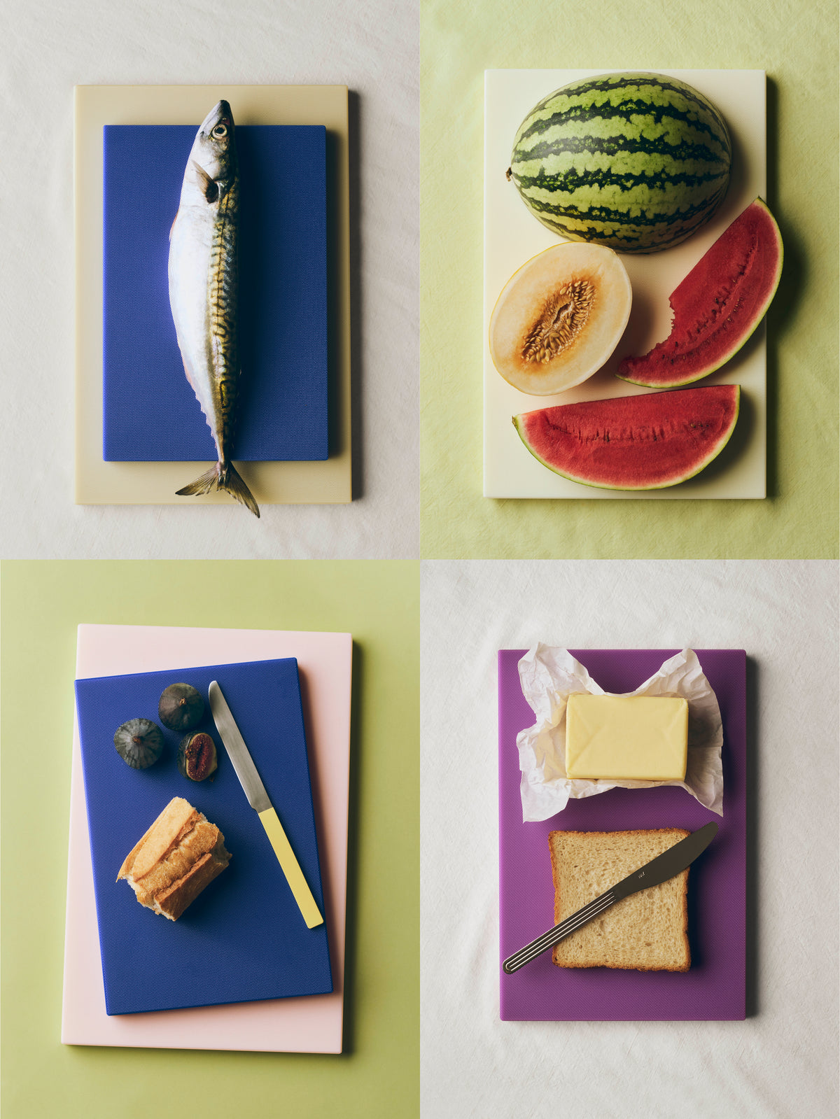 Flat lay of Hay slice chopping boards with different kind of food.