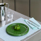 Green 24cm HAY Barro terracotta dinner plate on a bluish grey table cloth on a stainless steel bench top. 