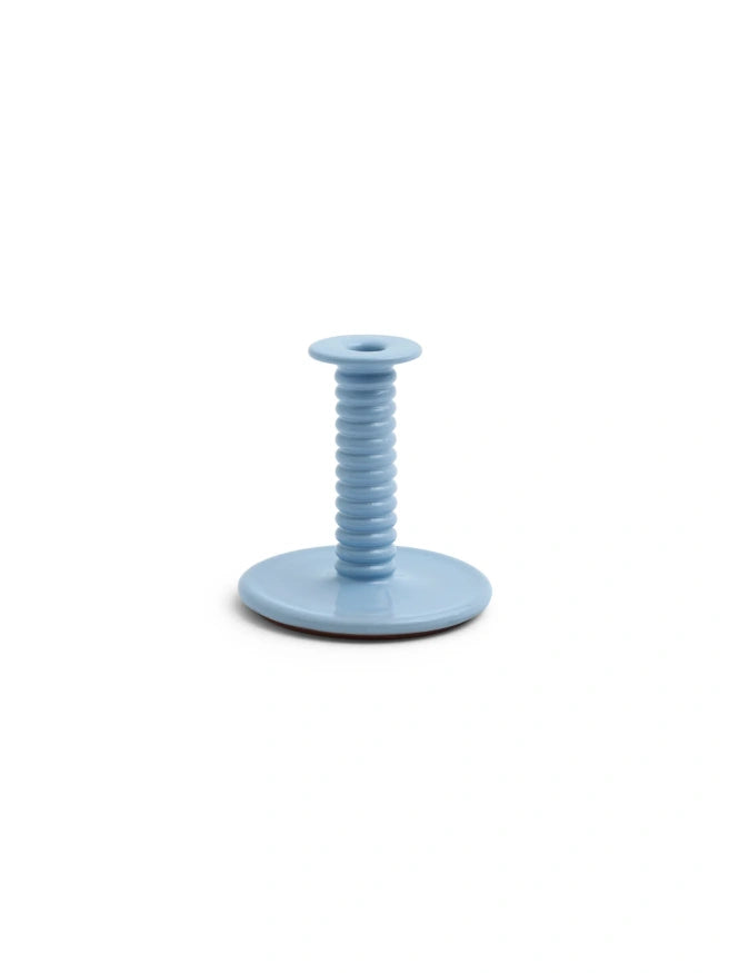 HAY Barro terracotta taper candleholder in high gloss light blue on white background