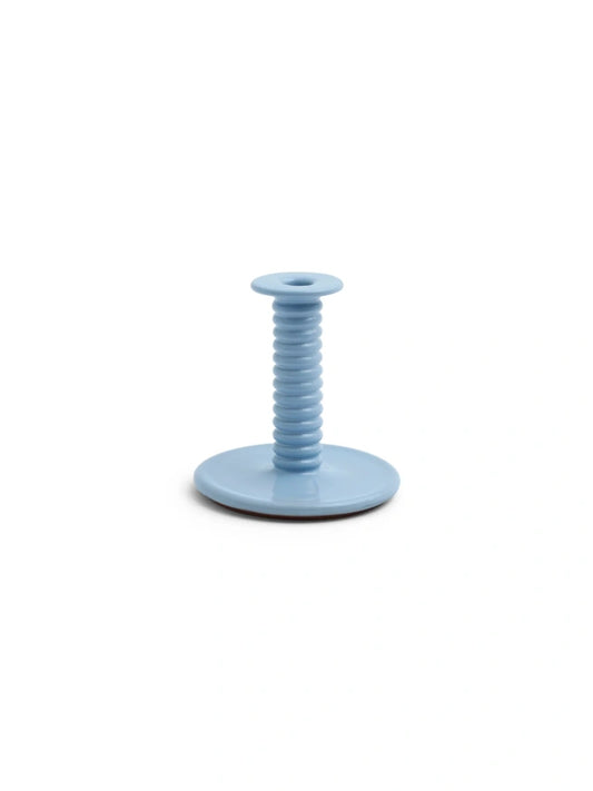 HAY Barro terracotta taper candleholder in high gloss light blue on white background