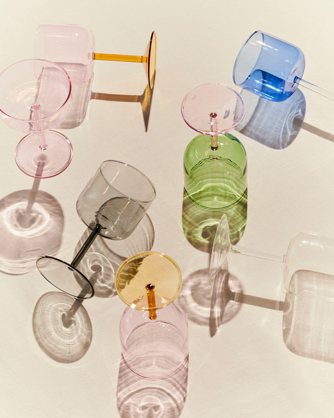 Overview angle of a selection of the set of two HAY tint wine glasses.