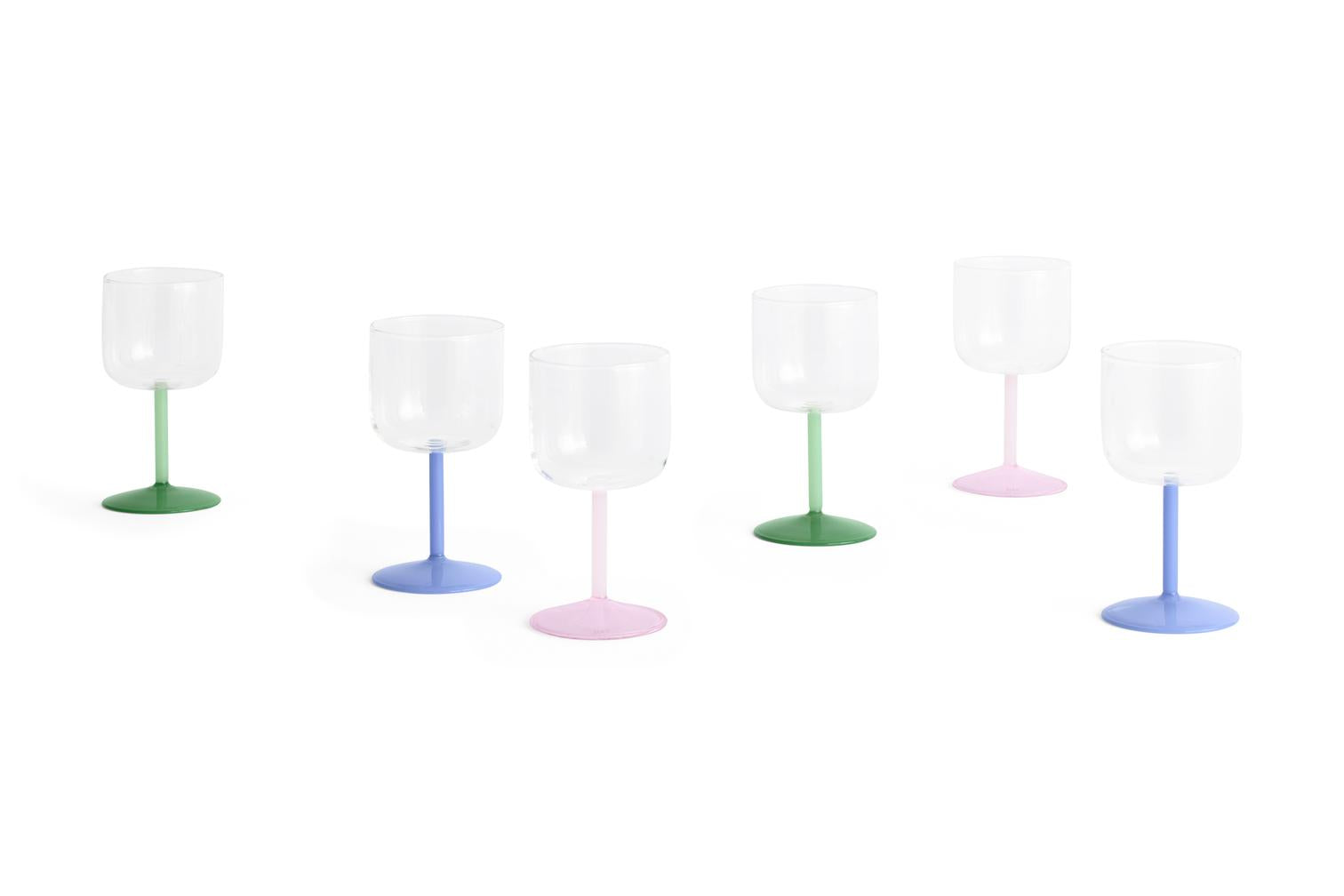 A pack shot of the HAY tint wine glasses in three colourways.