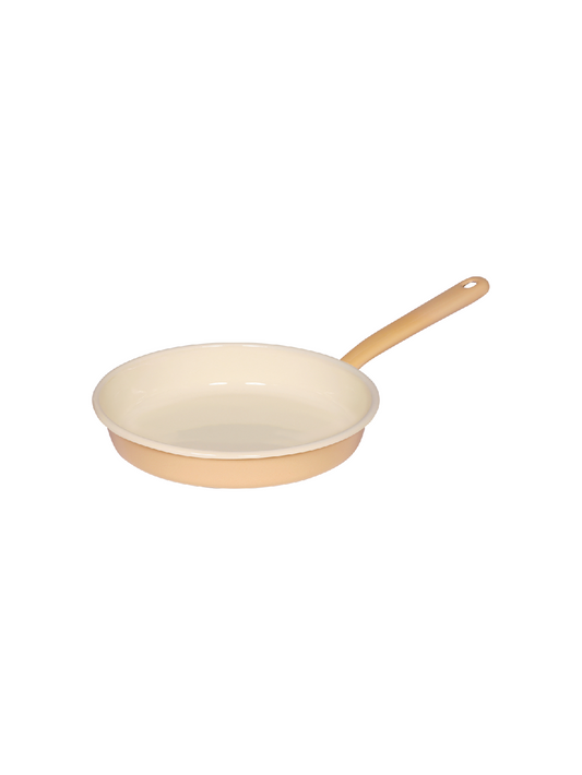 Side view of the Riess 22cm porcelain enamel omelette pan in a soft golden yellow, showcasing its classic, industrial chic silhouette.