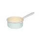 Side view of the Riess 750ml porcelain enamel saucepan with spout in a soft light turquoise, showcasing its classic, industrial chic silhouette.