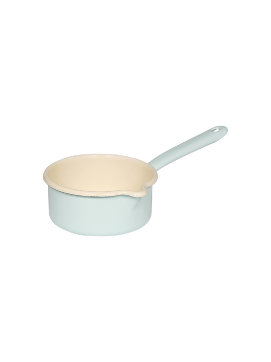 Side view of the Riess 750ml porcelain enamel saucepan with spout in a soft light turquoise, showcasing its classic, industrial chic silhouette.