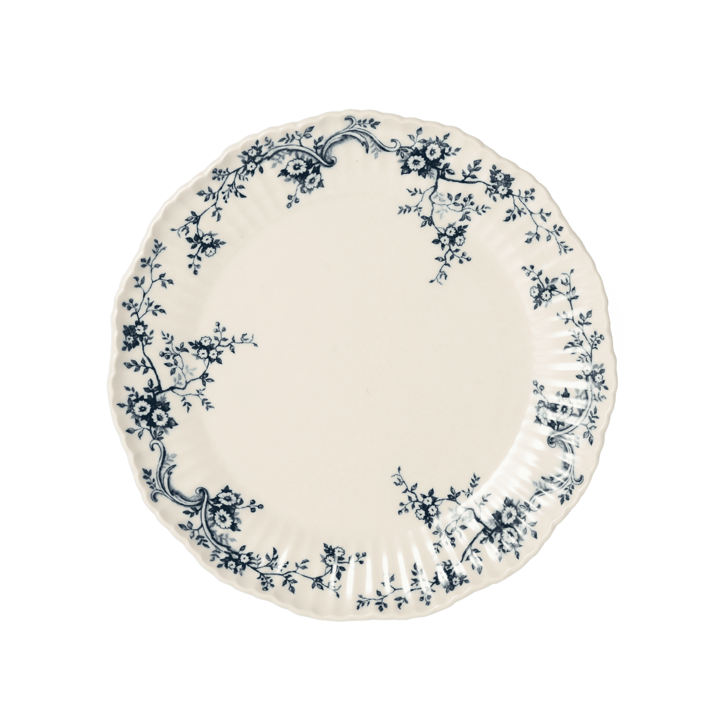 A pack shot of Studio M' Audrey 200 Plate in indigo porcelain, featuring a scalloped lace-like rim and an English garden-inspired floral relief pattern.