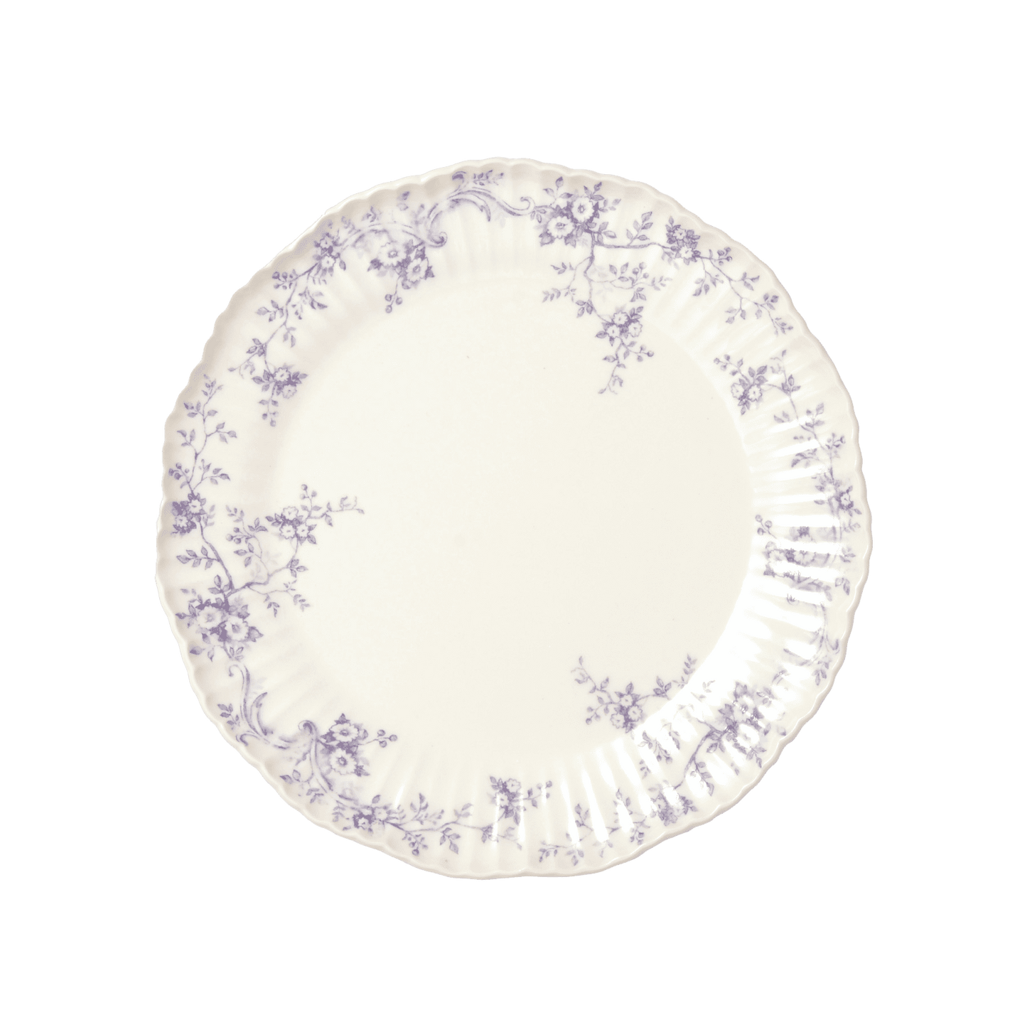 A pack shot of Studio M' Audrey 200 Plate in lavender porcelain, featuring a scalloped lace-like rim and an English garden-inspired floral relief pattern.