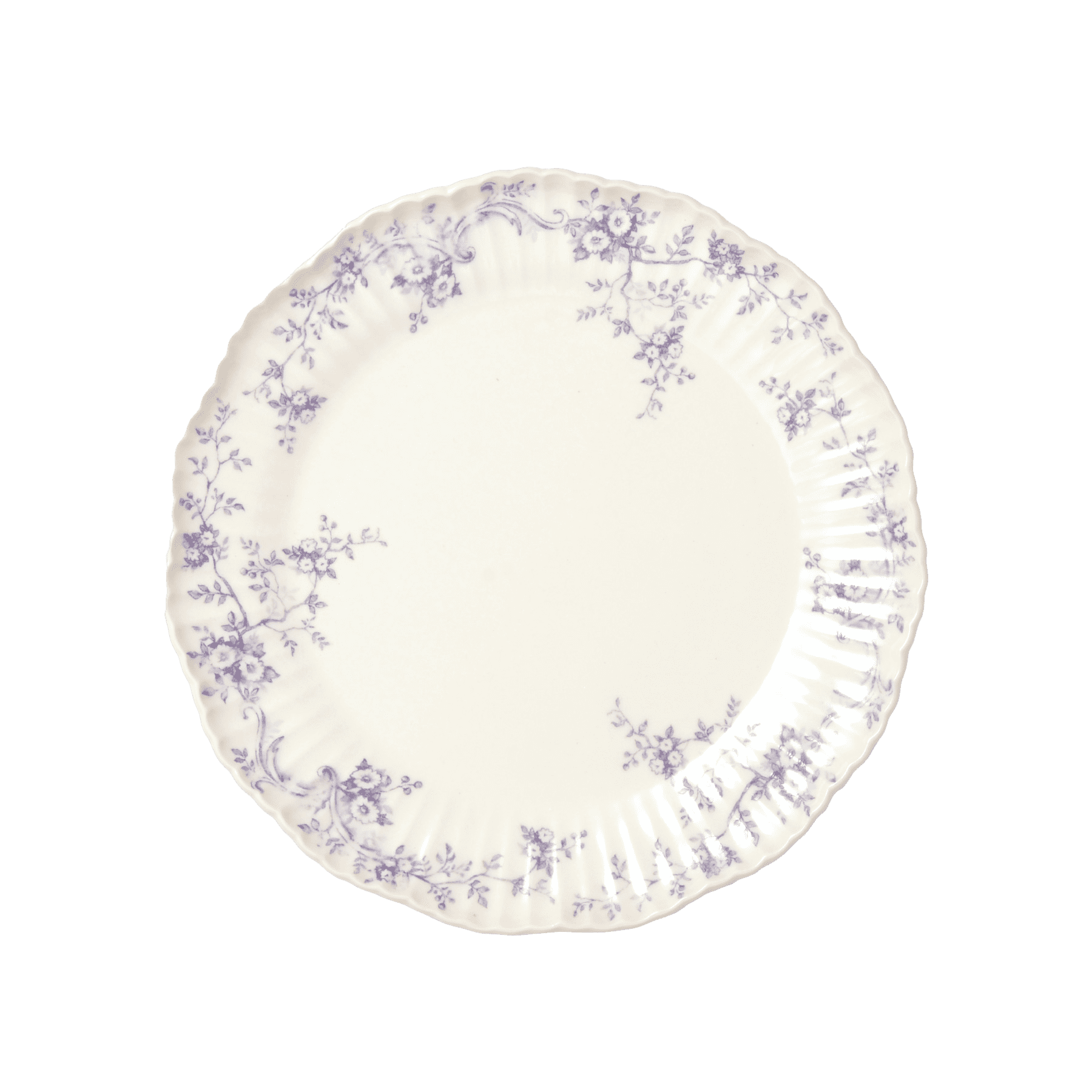 A pack shot of Studio M' Audrey 200 Plate in lavender porcelain, featuring a scalloped lace-like rim and an English garden-inspired floral relief pattern.