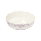 A pack shot of Studio M' Audrey Cake Pan in porcelain, featuring a scalloped lace-like rim and an English garden-inspired floral relief pattern.