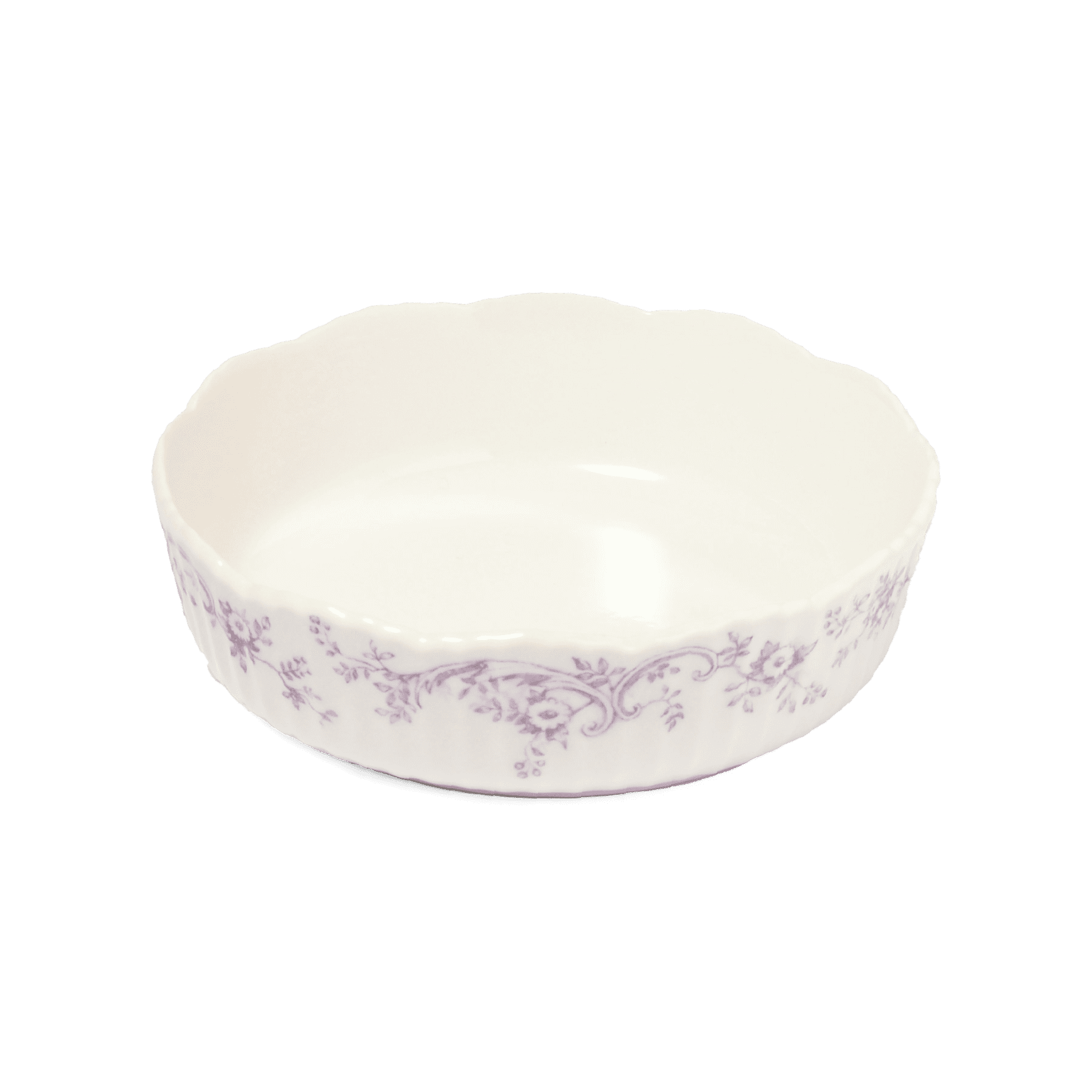 A pack shot of Studio M' Audrey Cake Pan in porcelain, featuring a scalloped lace-like rim and an English garden-inspired floral relief pattern.