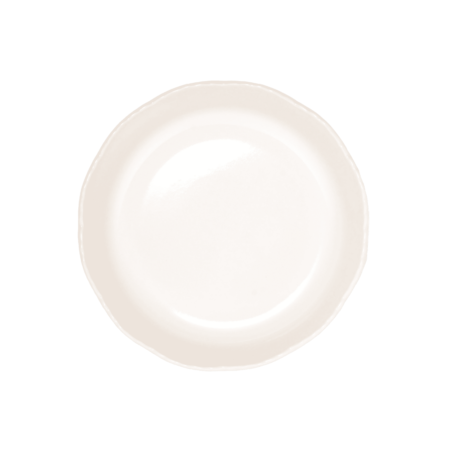 A aerial shot of Studio M' Audrey Cake Pan in porcelain, featuring a scalloped lace-like rim and an English garden-inspired floral relief pattern.