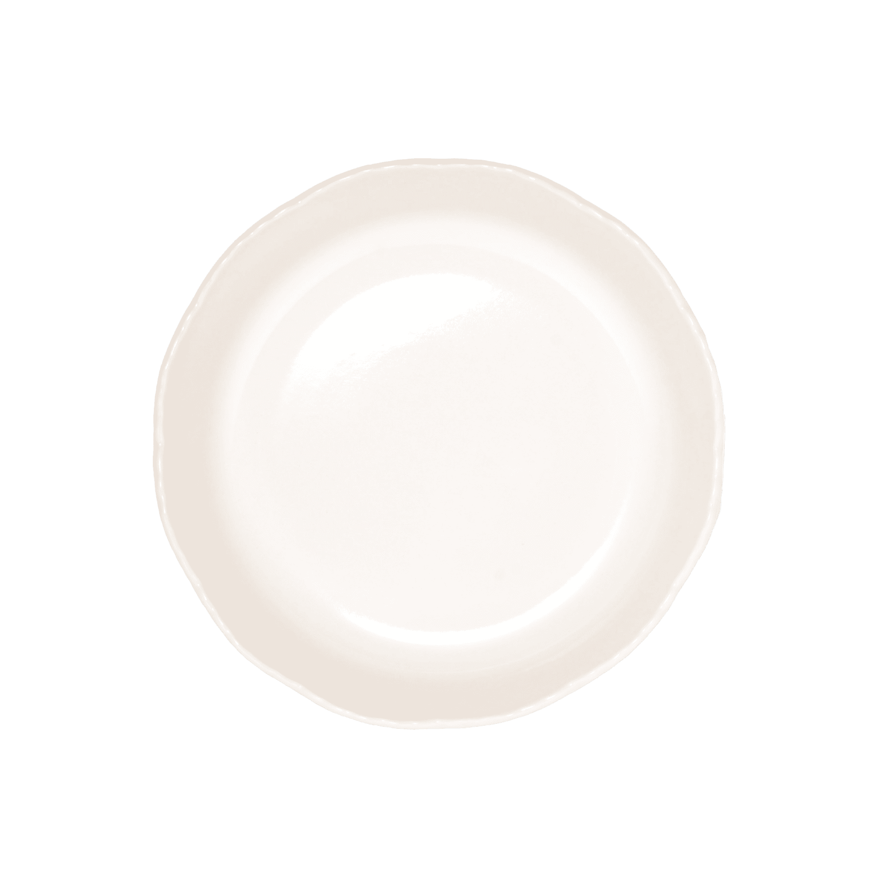 A aerial shot of Studio M' Audrey Cake Pan in porcelain, featuring a scalloped lace-like rim and an English garden-inspired floral relief pattern.