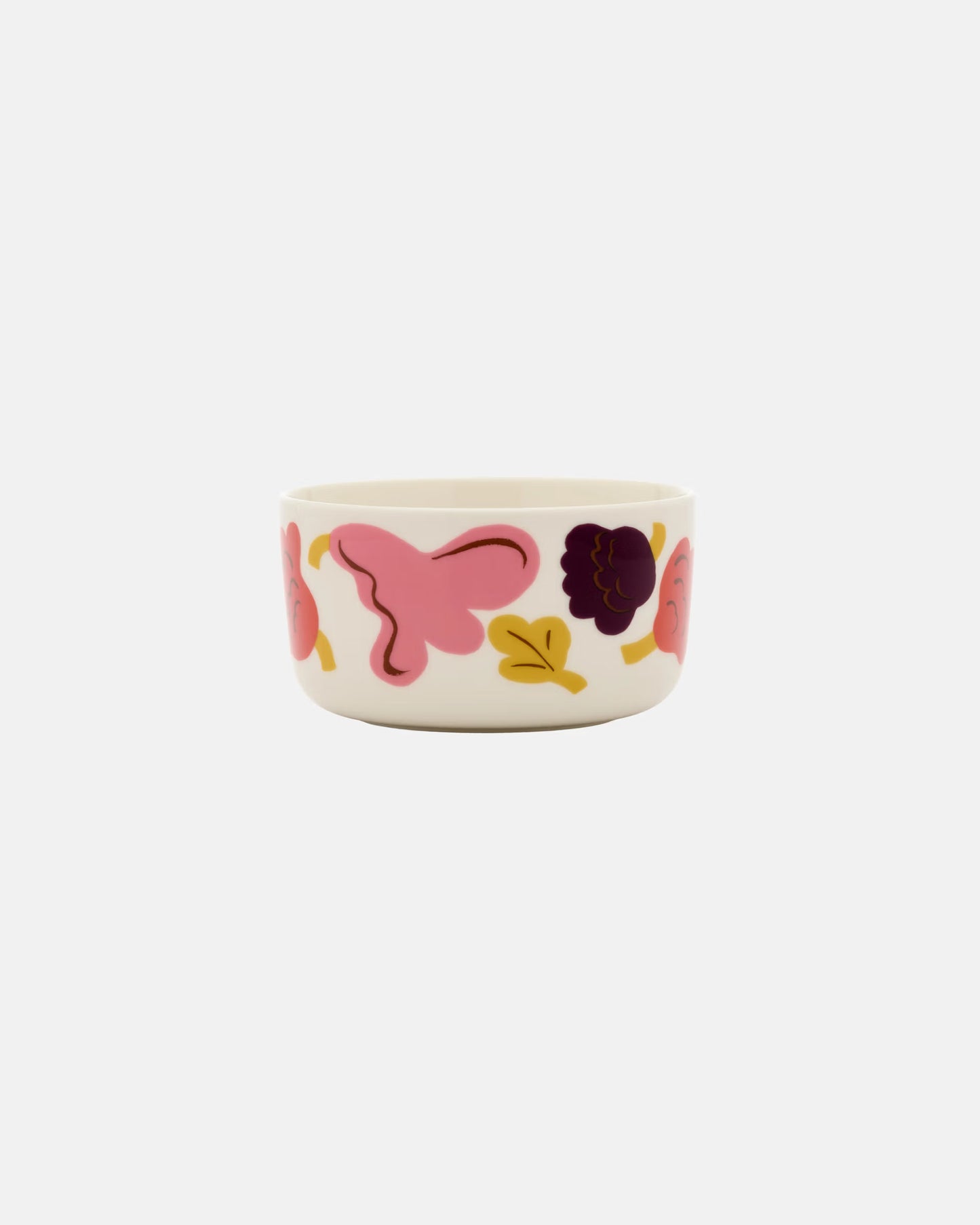 Side-angle view of the Marimekko Oiva 500ml white stoneware bowl featuring the Kukasta Kukkaan abstract floral and leaf pattern in pink, terracotta, and plum.