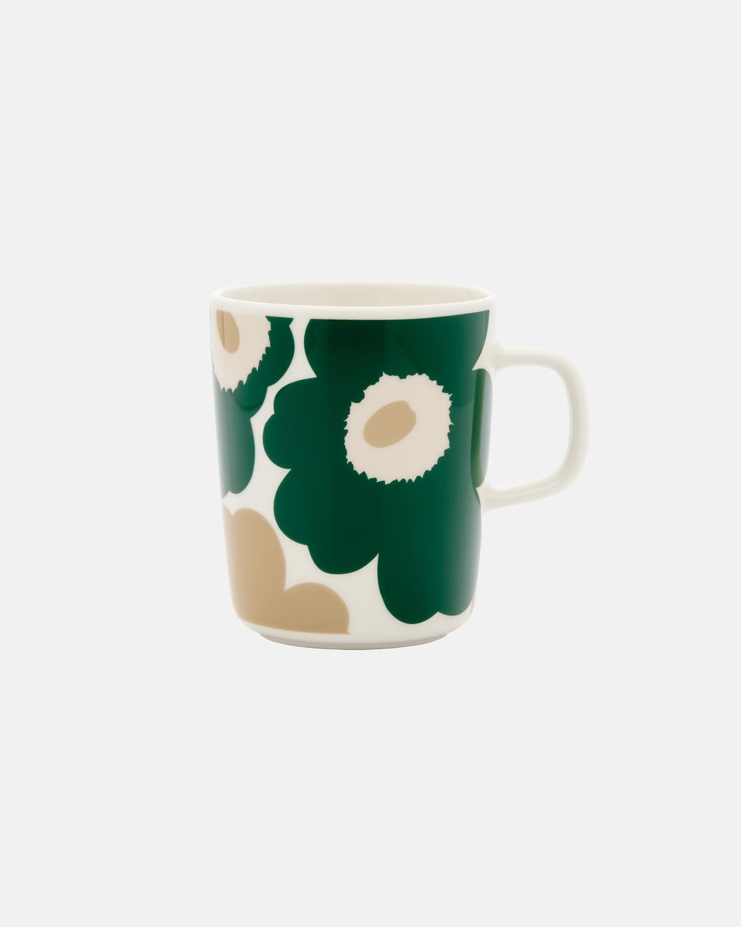 Side-angle view of the Marimekko Oiva 250ml white stoneware mug featuring the iconic Unikko poppy print in dark green, beige, and light sand.