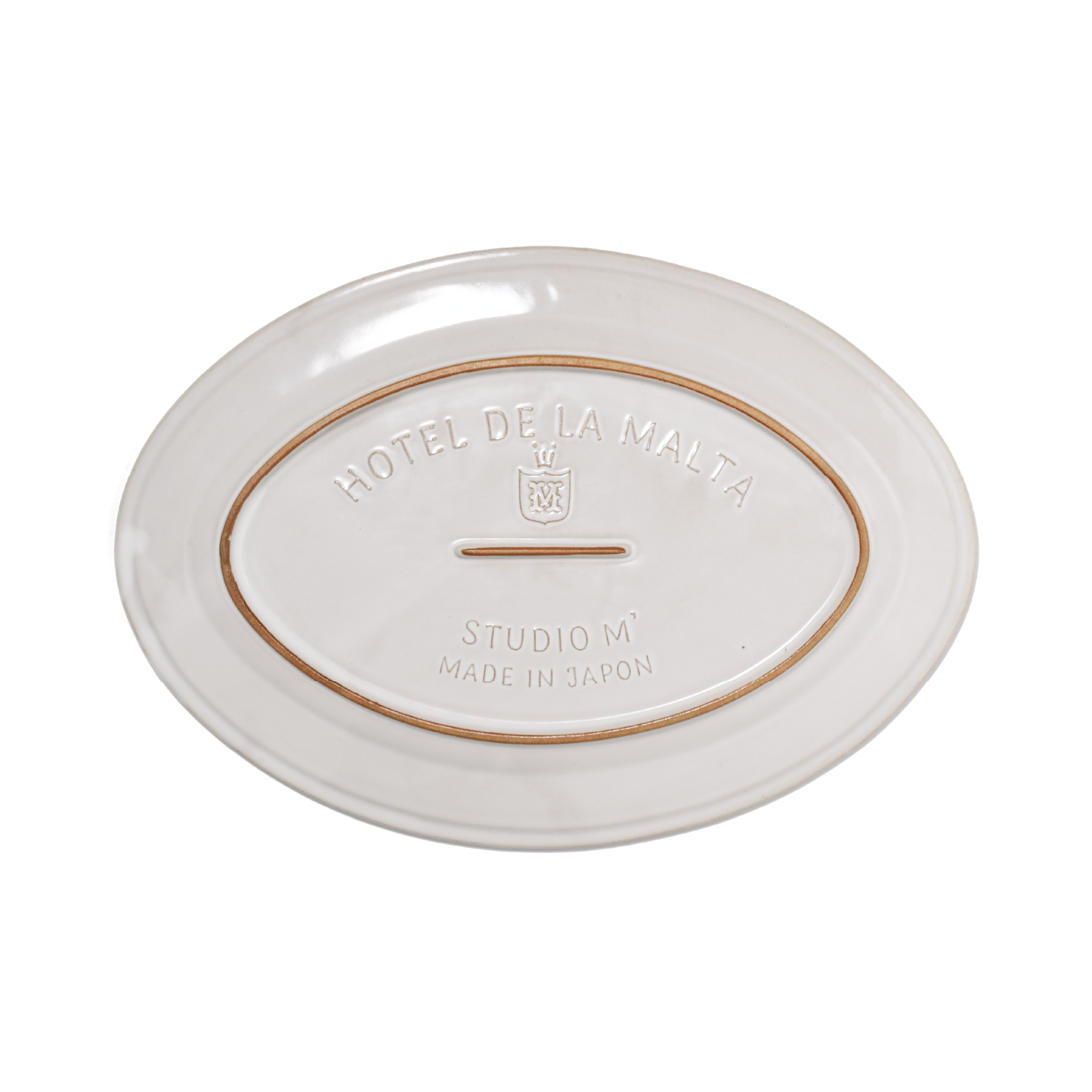 A pack shot of the base of Studio M' Malta Oval Plate 28cm in a stunning white glaze.