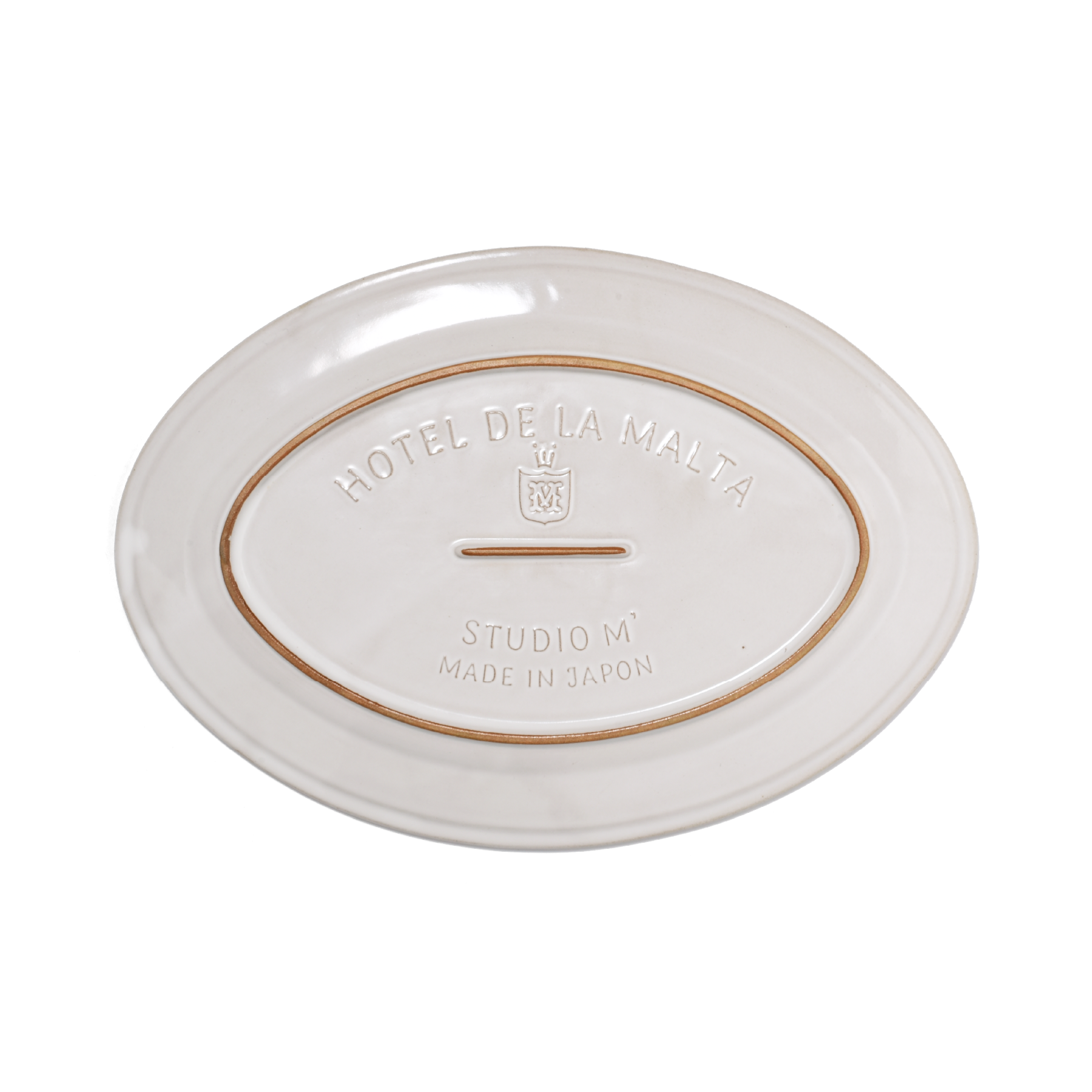 A pack shot of the base of Studio M' Malta Oval Plate 28cm in a stunning white glaze.