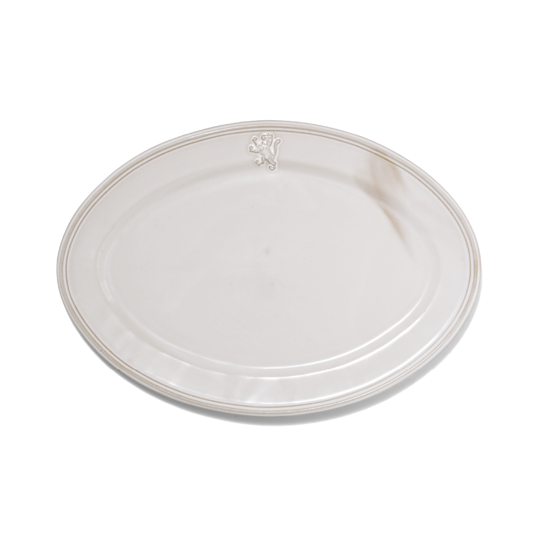 A pack shot of Studio M' Malta Oval Plate 28cm in a stunning white glaze, featuring a sleek, almond-like oval shape and an embossed vintage-style cat crest on the rim.