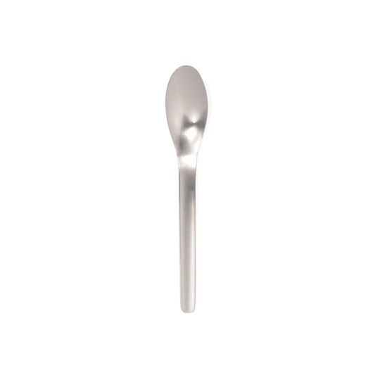 A pack shot of Studio M Buffet Japanese matte stainless steel spoon in small size