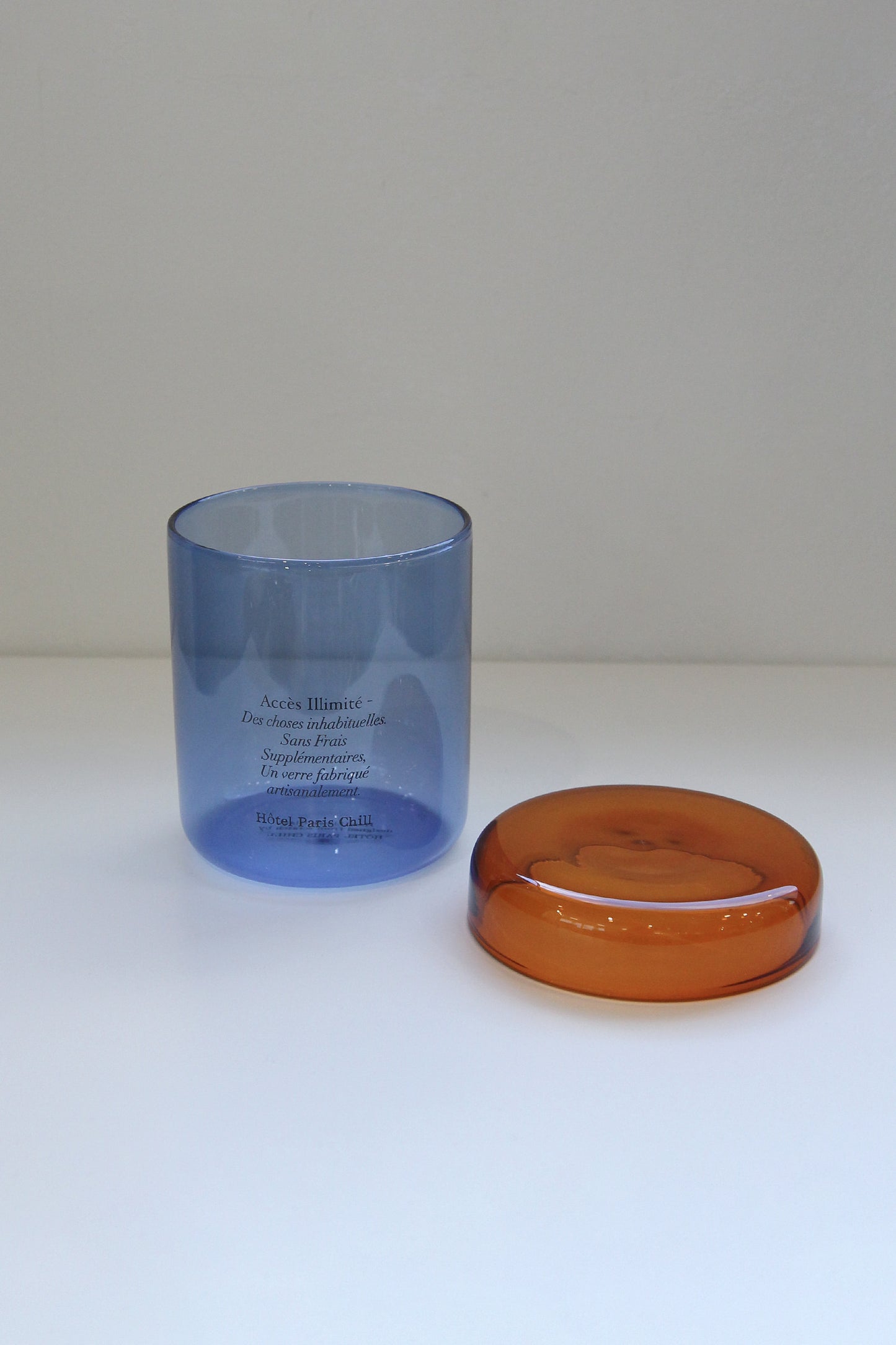 HÔTEL827 Overhaze Blue mouth blown borosilicate glass jar container with lid off