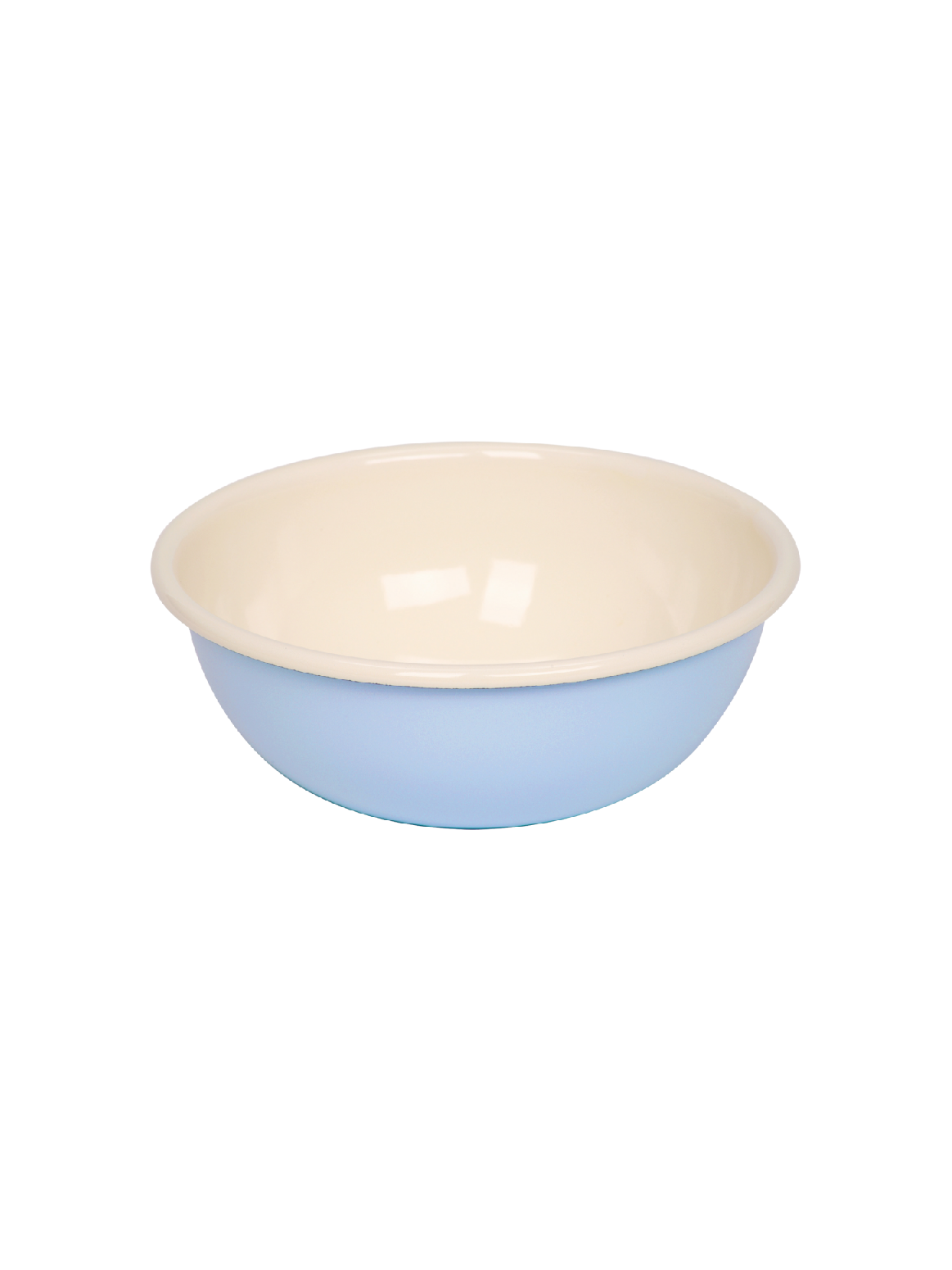 Side-angle view of the Riess 18cm porcelain enamel bowl in a soft lavender blue, showcasing its classic, industrial chic silhouette.