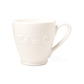 A pack shot of Studio M' Creamware Latte Mug in a warm cream ceramic glaze, featuring vintage-inspired embossed cursive text and a rounded, comforting silhouette.