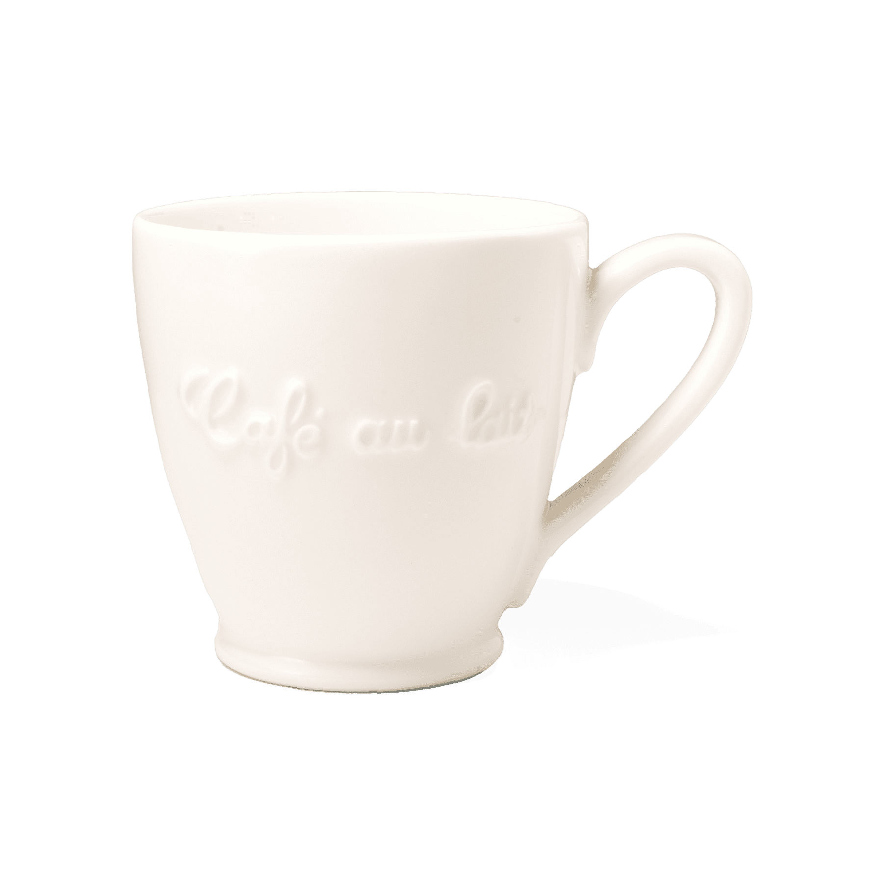 A pack shot of Studio M' Creamware Latte Mug in a warm cream ceramic glaze, featuring vintage-inspired embossed cursive text and a rounded, comforting silhouette.