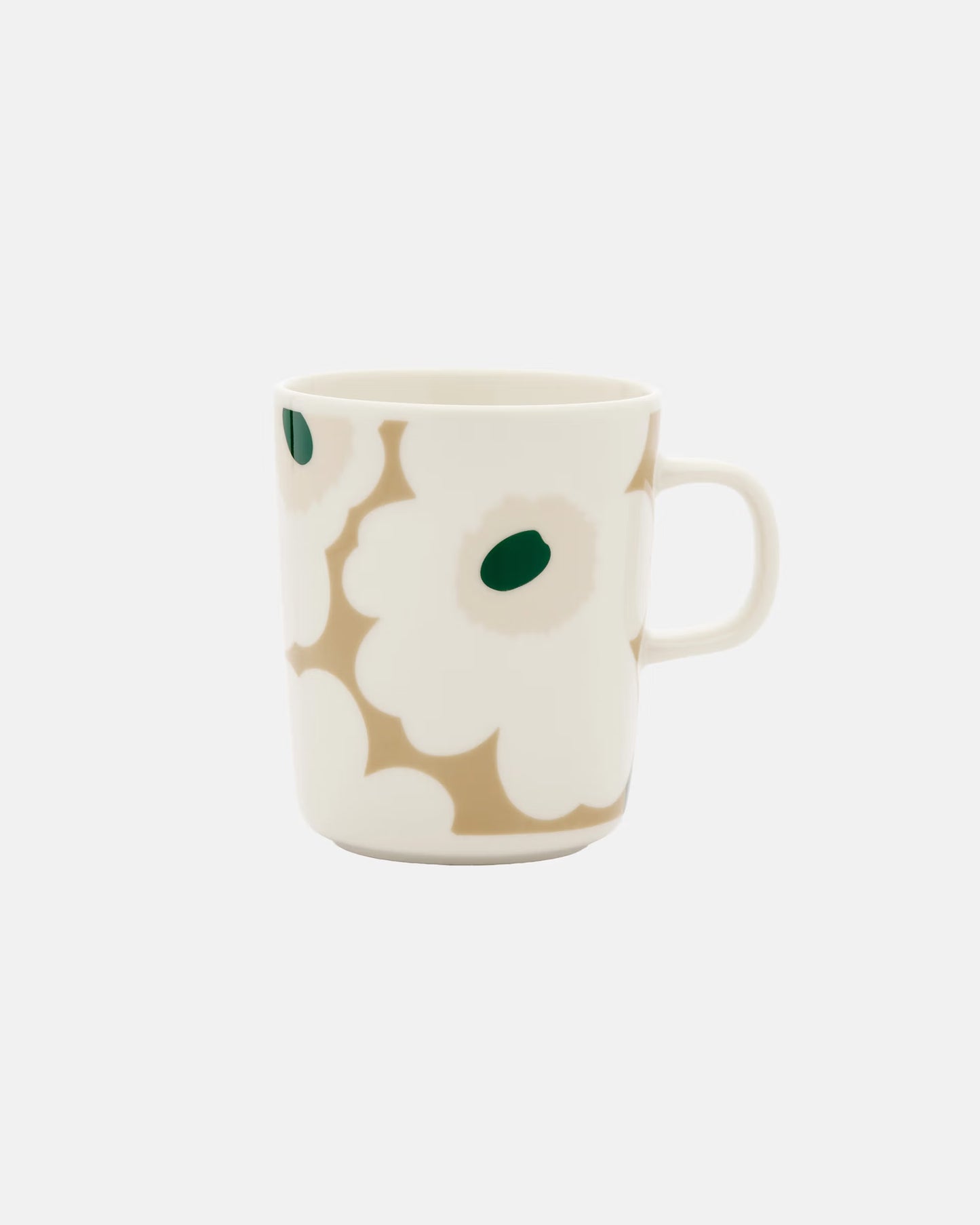 Side-angle view of the Marimekko Oiva 250ml white stoneware mug featuring the iconic Unikko poppy print in dark green, beige, and light sand.