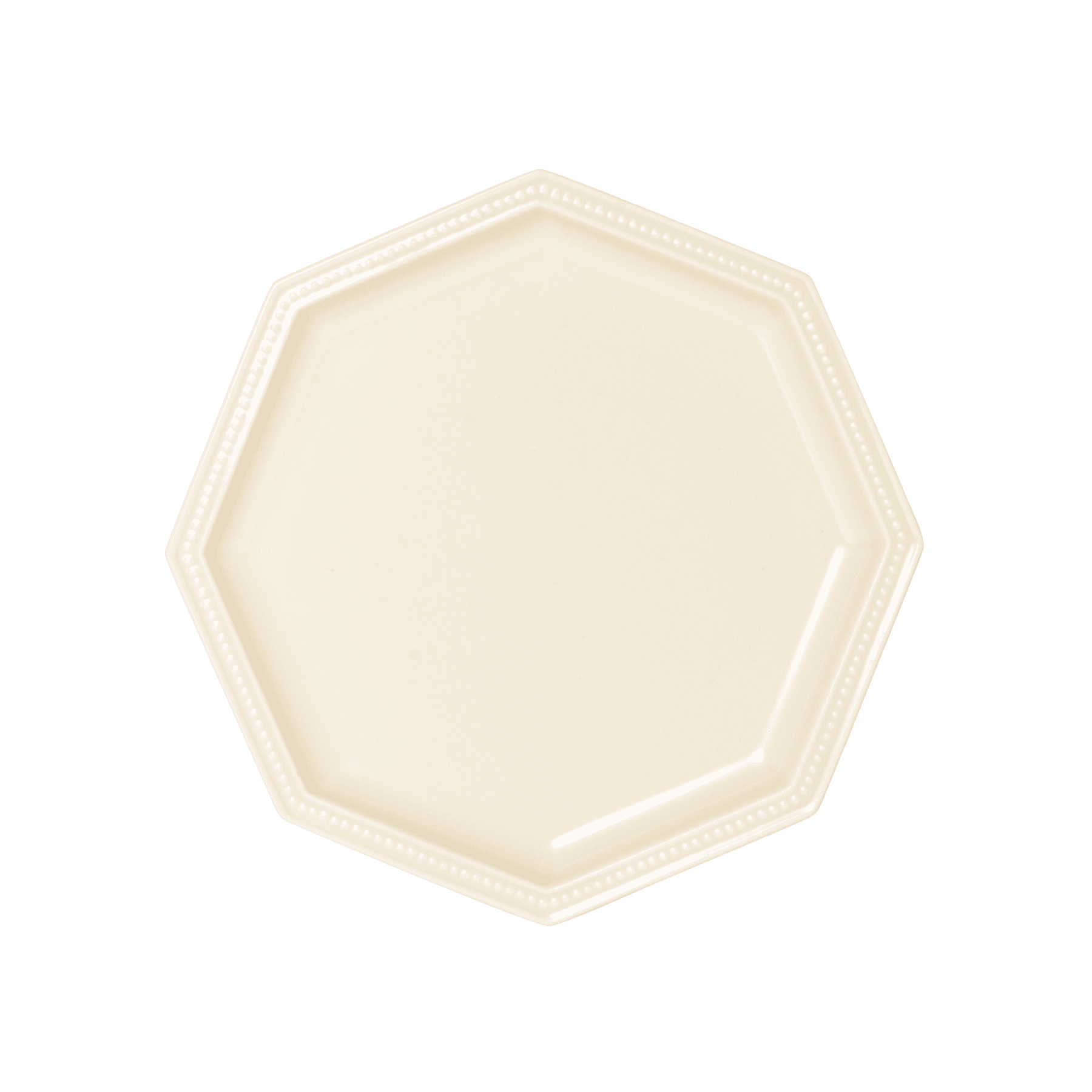 Studio M' Gatis Plate in a warm cream glaze, featuring an octagonal shape with a dotted rim detail, perfect for minimalist Scandi table settings.