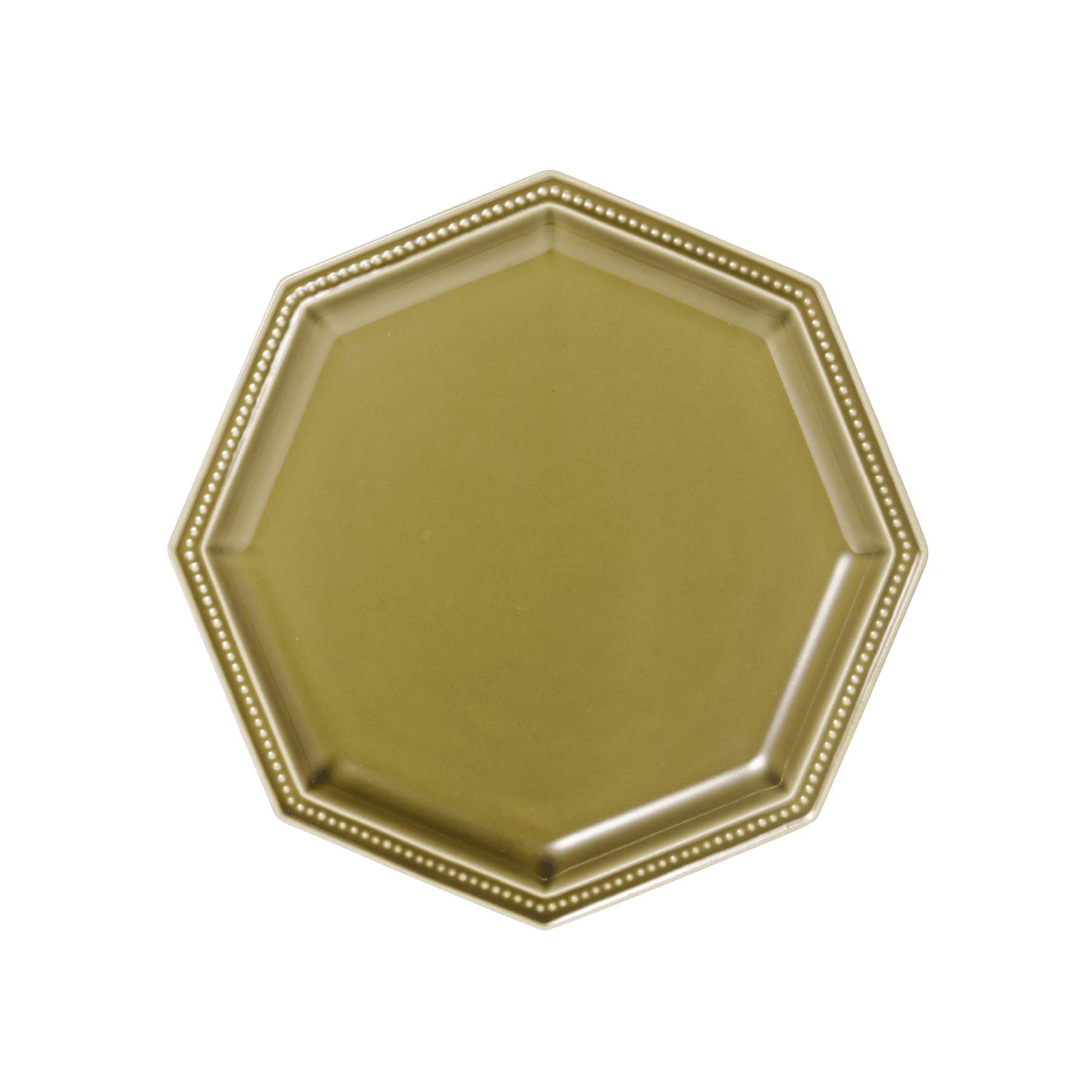 A pack shot of Studio M' Gatis Plate in an earthy olive green glaze, featuring an octagonal shape with a dotted rim detail, ideal for an industrial chic table setting.